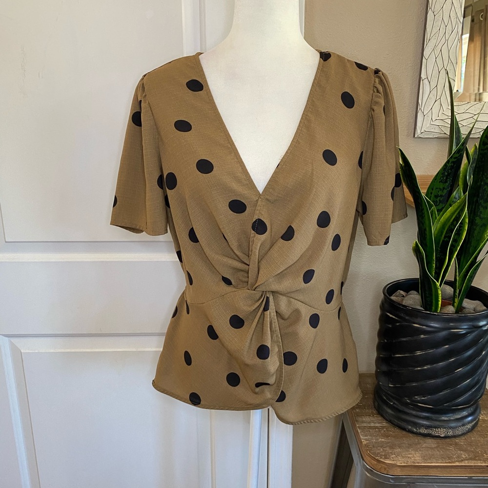 OLM Polka Dot Twist Front V Neck Blouse